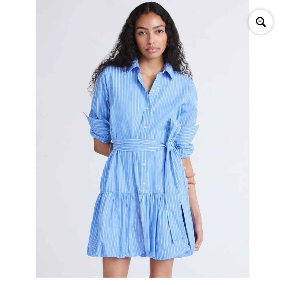 Nwt Free Assembly Cotton Dress Mini Bubble Hem Belted Long Sleeves Dress Xs Blue